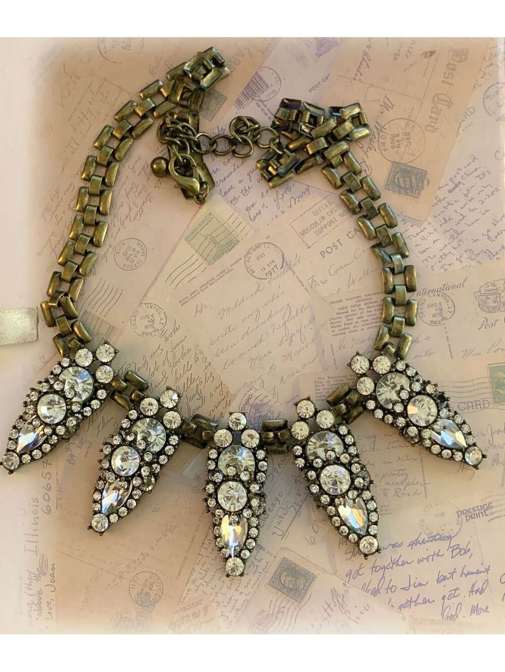 Vintage Chunky Rhinestone Chandelier Bib Collar Necklace w Antiqued Brass Chain